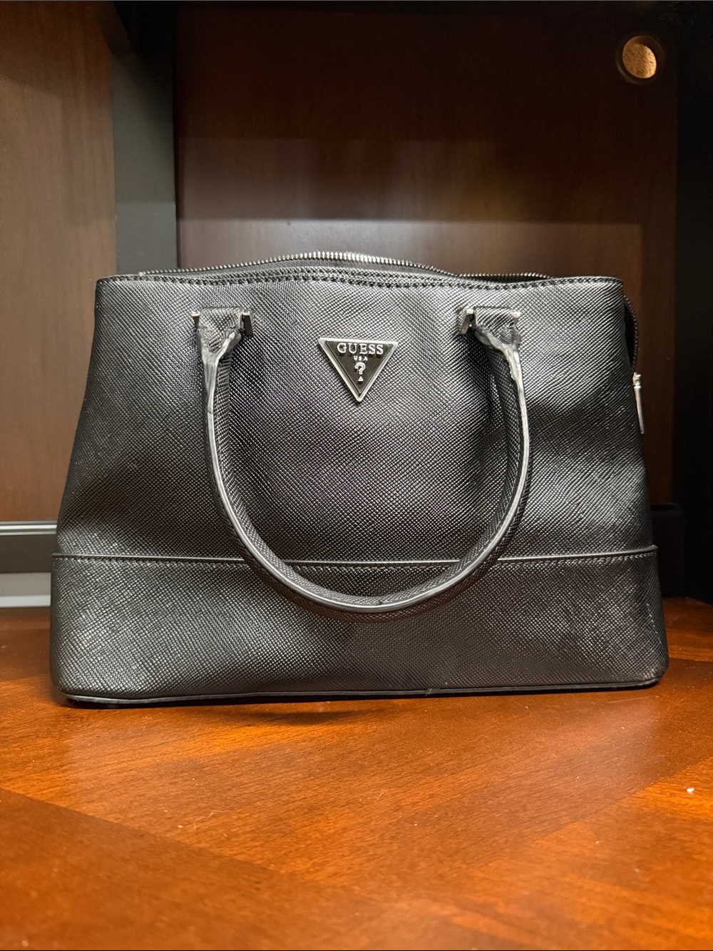 Guess Black Saffiano Satchel with Triangle Logo